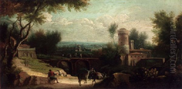 An Italianate Landscape With A Drover And Cattle On A Track Before A Farmstead, A Bridge And Town Beyond Oil Painting by Paolo Anesi