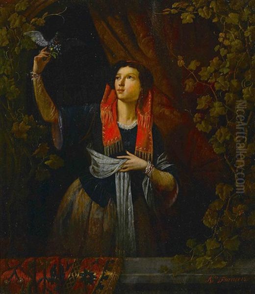 A Girl With A Bird Oil Painting by Francois Ange