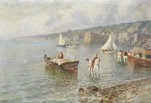 A Pair Of Italian Fishing Scenes Oil Painting by Pasquale d' Angelo