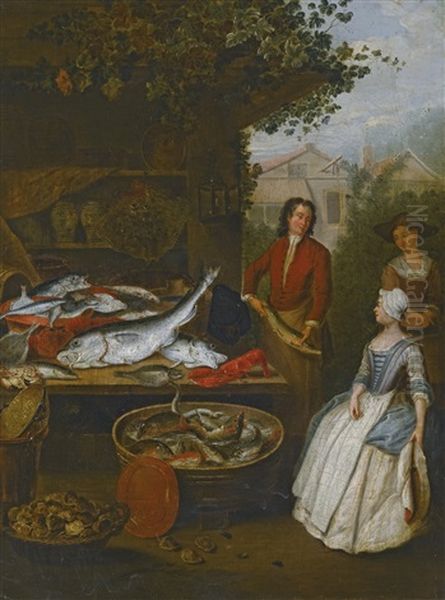 A Fishmonger Showing A Pike To A Housewife By A Stall Laden With Fish Oil Painting by Pieter Angillis