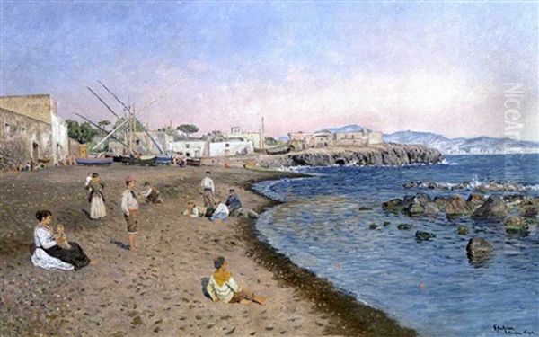 Strandleben Am Rande Eines Kleinen Fischerdorfes Oil Painting by Eugen Ankelen