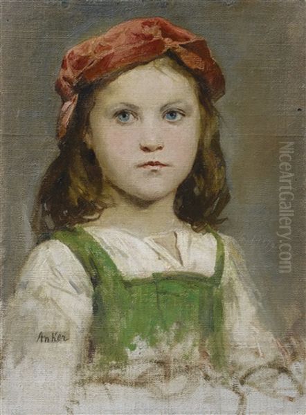 Madchenbildnis Mit Roter Kopfbedeckung Oil Painting by Albert Anker