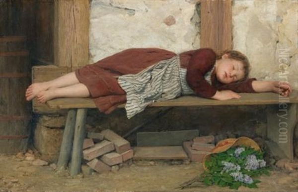 Schlafendes Madchen Auf Einer Holzbank (sleeping Girl On A Wooden Bench) Oil Painting by Albert Anker