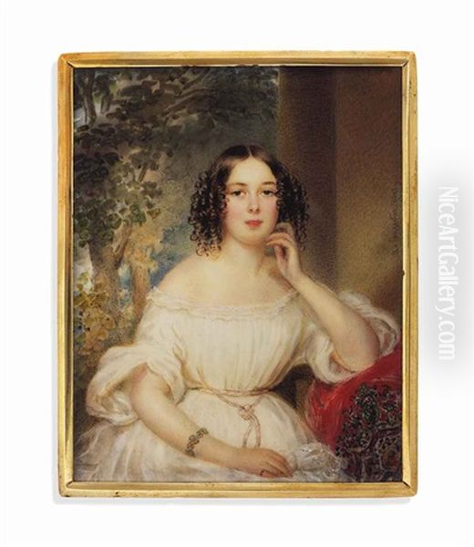 A Young Lady In Off-the-shoulders White Dress, Seated, Her Arm Resting On A Red Cashmere Shawl, Landscape Background Oil Painting by Alois Von Anreiter