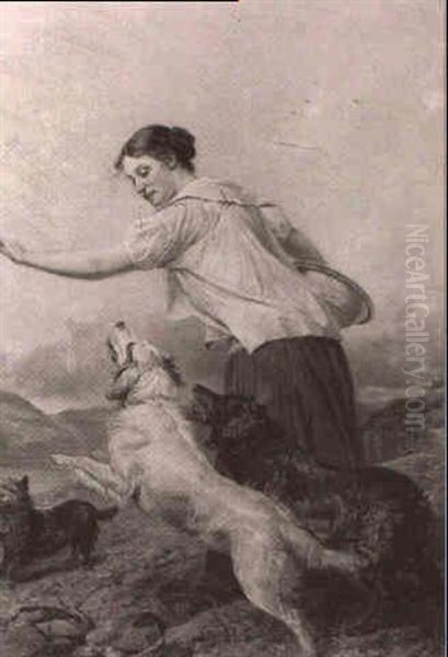 A Pretty Young Girl With Her Dogs In A Highland Landscape Oil Painting by Richard Ansdell
