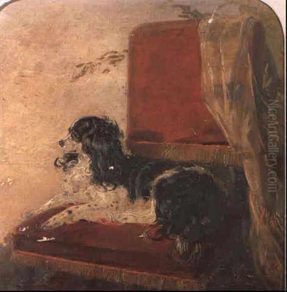 A King Charles Spaniel Seated Upon A Red Chair Oil Painting by Richard Ansdell