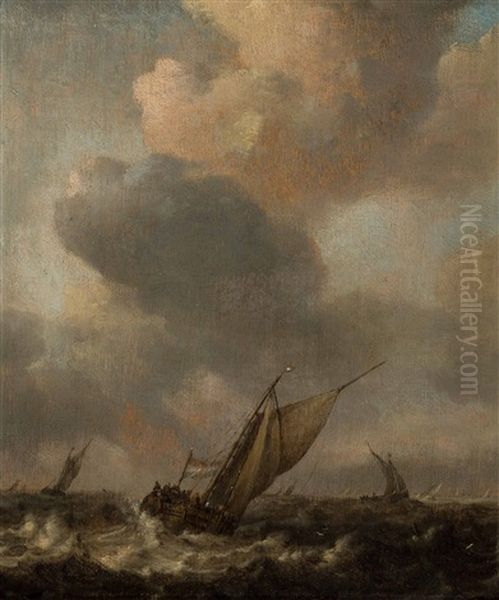 A Tjalk In A Stiff Breeze Oil Painting by Arnoldus van Anthonissen
