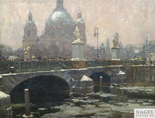 Winterliches Treiben Auf Der Berliner Schlossbrucke Mit Blick Auf Den Dom Oil Painting by Otto Antoine