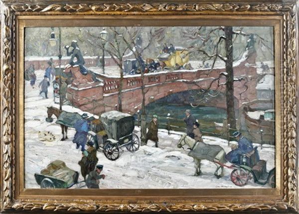 Winterliche Berliner Strasenszene Mit Pferdefuhrwerken Und Zahlreichen Personen Oil Painting by Otto Antoine