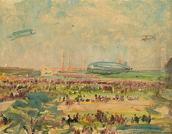 Zeppelin Auf Dem Tempelhoferfeld Oil Painting by Otto Antoine