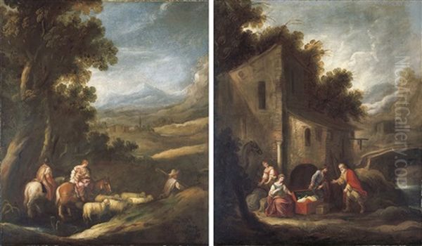 Jacob And His Household Journeying To Meet Esau (+ Laban Searching For The Images Of Jacob As Secreted By Rachel; Pair) Oil Painting by Francisco Antolinez Y Ochoa