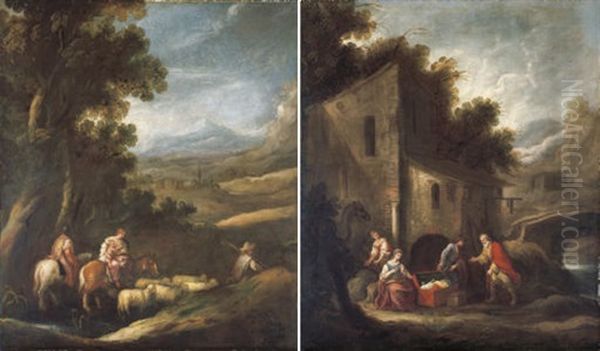 Jacob And His Household Journeying To Meet Esau (+ Laban Searching For The Images Of Jacob; Pair) Oil Painting by Francisco Antolinez Y Ochoa