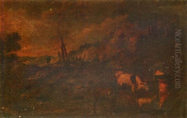 A Pastoral Landscape With A Cowherd And Milkmaid With Their Livestock Oil Painting by Francisco Antolinez Y Ochoa