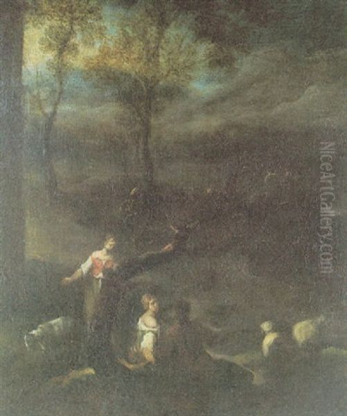 Pastoras Cuidando Su Rebano Oil Painting by Francisco Antolinez Y Ochoa