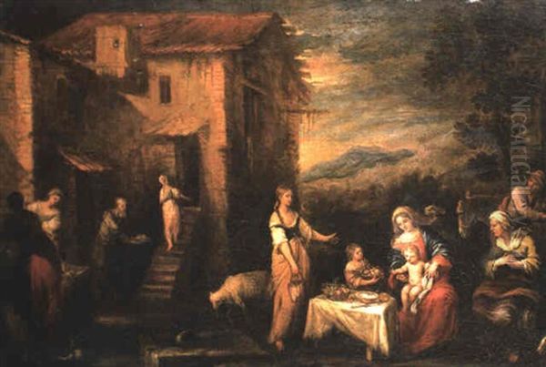 The Holy Family And St. Anne Offered Fruit Outside A Farmhouse Oil Painting by Francisco Antolinez Y Ochoa