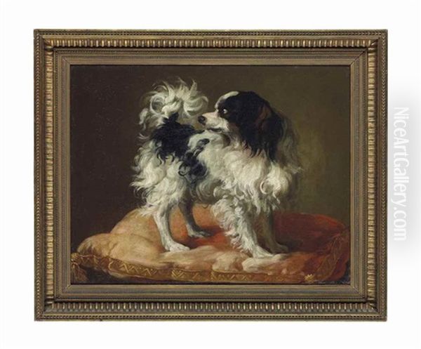 A King Charles Spaniel On A Red And Gold Embroidered Cushion Oil Painting by Jose Antolinez