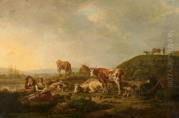 Le Repos Des Bergers Et De Leur Troupeau Dans Un Paysage De Riviere Oil Painting by Henri-Joseph Antonissen