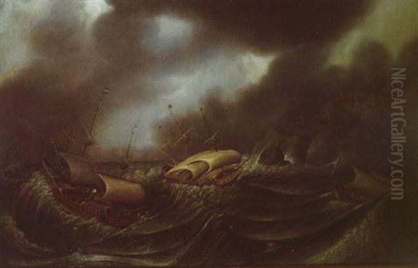 Ships In A Storm Off A Rocky Coastline With A Town Beyond Oil Painting by Aert van Antum