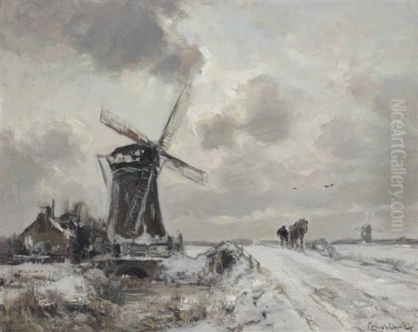 A Snow Covered Winter Landscape With A Windmill Oil Painting by Louis Apol
