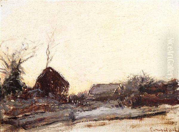 Farmsteads In A Winter Landscape Oil Painting by Louis Apol