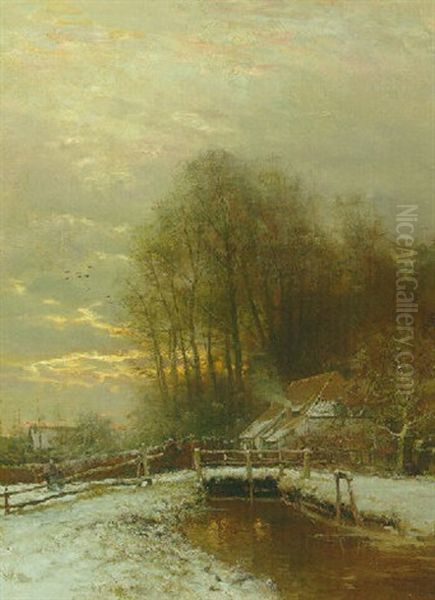 A Winter Landscape With A Peasant Woman And Child On A Snowy Path At Sunset Oil Painting by Louis Apol