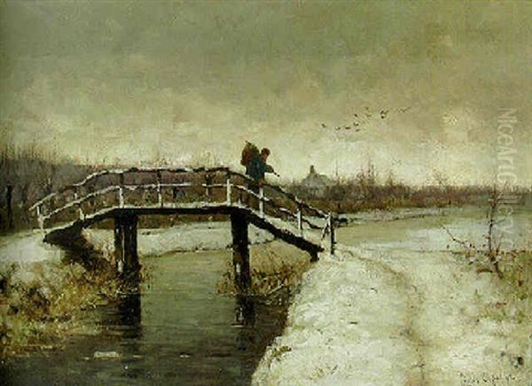 A Peasant On A Bridge In A Snow-covered Polder Landscape Oil Painting by Louis Apol