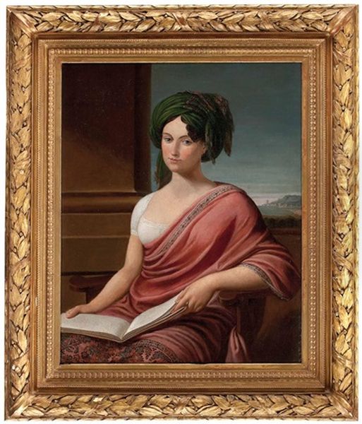 Sitz-portrait Einer Dame Mit Buch (lady Hamilton?) Vor Pfeiler Und Landschaftsausschnitt Oil Painting by Andrea, the Elder Appiani