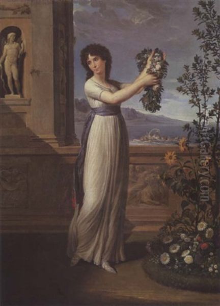 Portrait Of A Lady Holding A Garland Of Flowers, By A Stone Parapet With Classical Reliefs And Statues, A View Of A Bay With The Triumph Of Galatea Beyond Oil Painting by Andrea, the Elder Appiani
