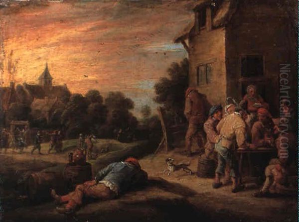 Man Sleeping On The Ground Beside Figures Drinking At A Table Oil Painting by Thomas Van Apshoven