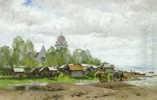 Kyrkgang Vid Rattviks Kyrka Oil Painting by Olof Arborelius