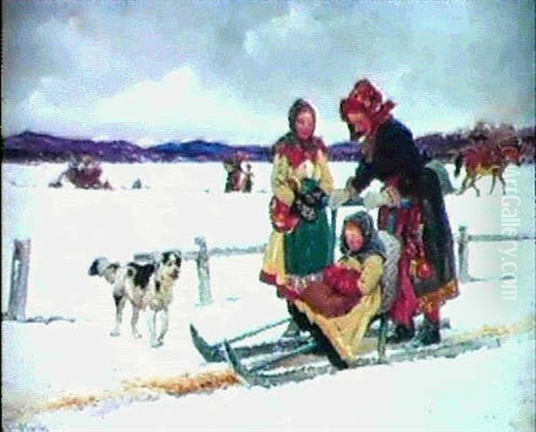 Vinterlandskap Med Flicka Pa Sparkstotting Oil Painting by Olof Arborelius