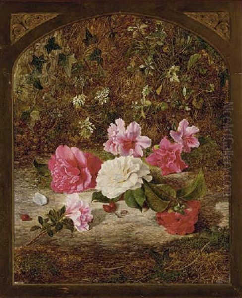 Camelias And Rhododendrons, On A Mossy Bank Oil Painting by Charles Archer