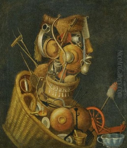 An Anthropomorphic Still Life With Pots, Pans, Cutlery, A Loom, And Tools Oil Painting by Giuseppe Arcimboldo