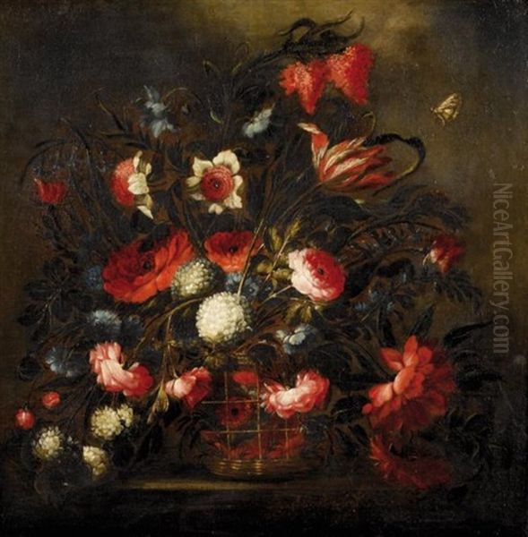 Corbeille De Fleurs Sur Un Entablement Oil Painting by Jose De Arellano