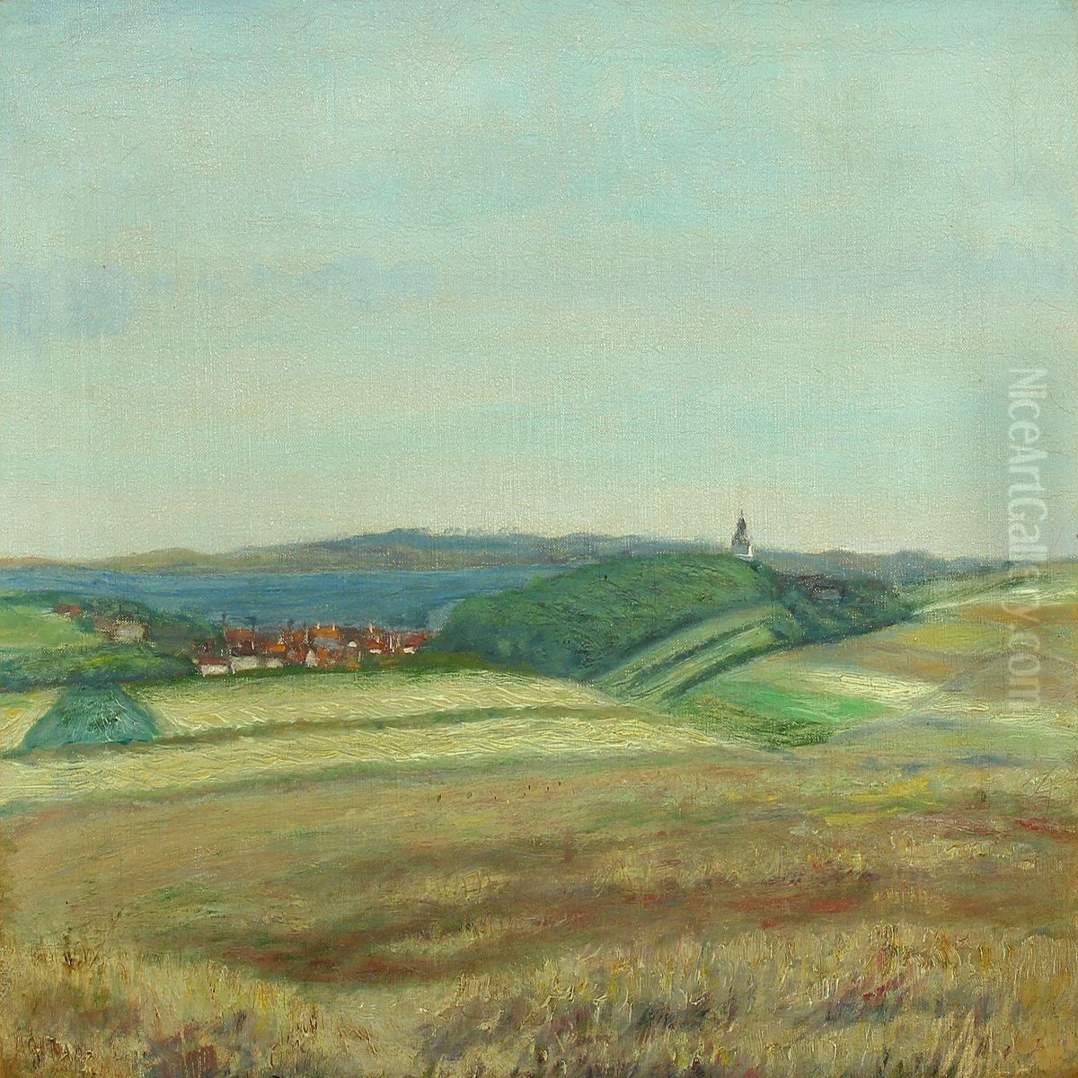 Landscape With View Over A City With A Church In The Background Oil Painting by Georg Nicolaj Achen