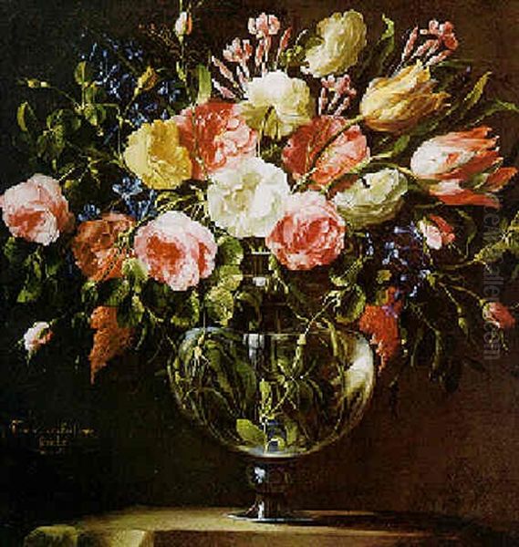 Still Life Of Roses And Other Flowers In  A Glass Vase On Stone Plinths Oil Painting by Juan De Arellano