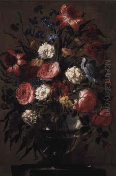 Roses And Other Flowers In A Glass Vase On A Stone Ledge Oil Painting by Juan De Arellano