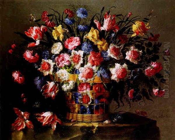 Still Life Of Variegated Tulips, Roses, Anemone, Love-in-a  Mist (nigella), Cornflowers, Daffodils And Other Flowers... Oil Painting by Juan De Arellano