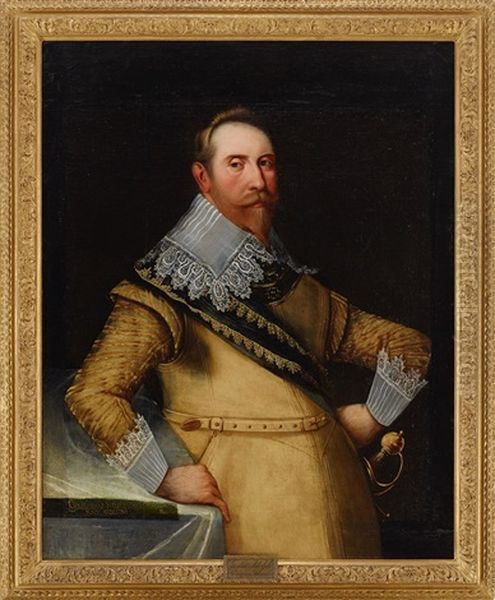 Portratt Av Gustav Ii Adolf, Konung Av Sverige, Barandes Kyller, Ringkrage, Guldbandade Armar, Morkgron Faltbindel Och Stor Liggande Spetskrage - Hoftbild Oil Painting by Cornelius Arendtson