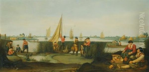 Fishermen On The Banks Of A River Estuary Oil Painting by Arent (Cabel) Arentsz