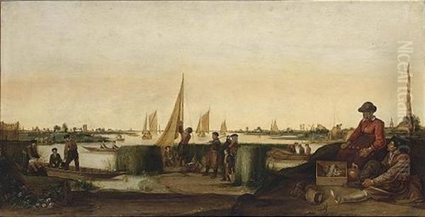 An Extensive River Landscape With Fishermen And Their Boats, A Couple With Their Ware In The Right Foreground Oil Painting by Arent (Cabel) Arentsz
