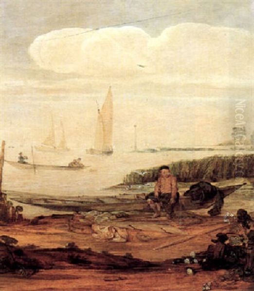 River Landscape With Fishermen And Boats And A Young Boy Seated With Fishing Nets Oil Painting by Arent (Cabel) Arentsz
