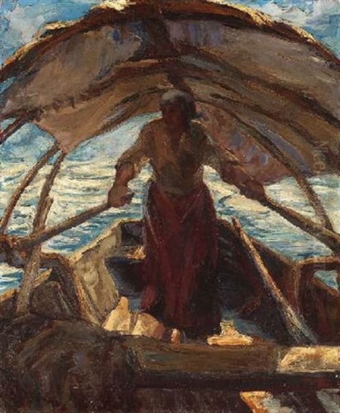 Auf Dem See. Frau Unter Sonnensegel Auf Einem Ruderboot Oil Painting by Alfeo Argentieri