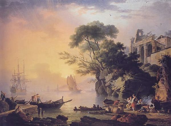 Pecheurs Dans Un Port Mediterraneen Dominee Par Des Ruines Antiques Oil Painting by Jean Henry d' Arles