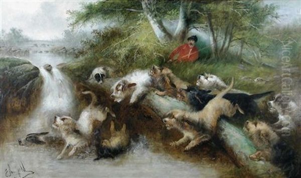 Otter Hounds Drawing A River Oil Painting by Edward Armfield