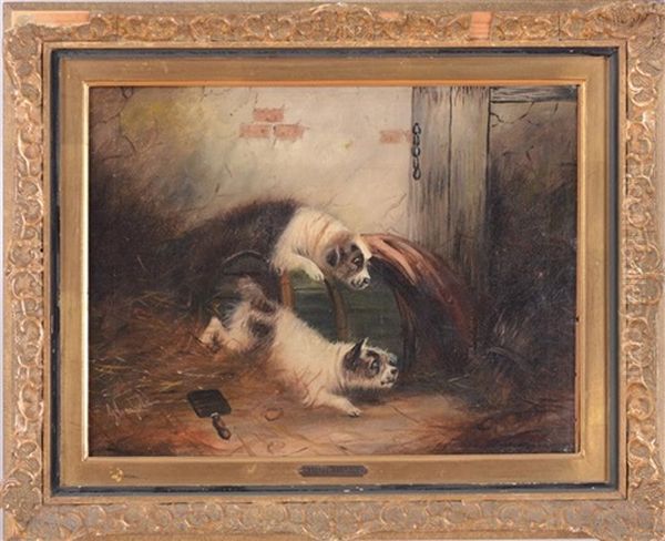 Two Terriers Stalking In A Barn Oil Painting by George Armfield