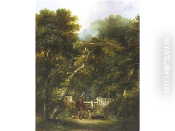A Sportsman With His Dogs, By A Stile, A Wood Beyond Oil Painting by George Armfield