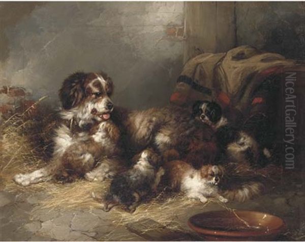 A Bitch With Her Puppies Oil Painting by George Armfield