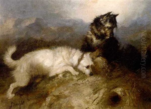 Terries At A Rabbit Hole Oil Painting by George Armfield