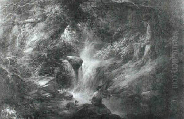 Angler With His Dog In A Wooded River Landscape Oil Painting by George Armfield